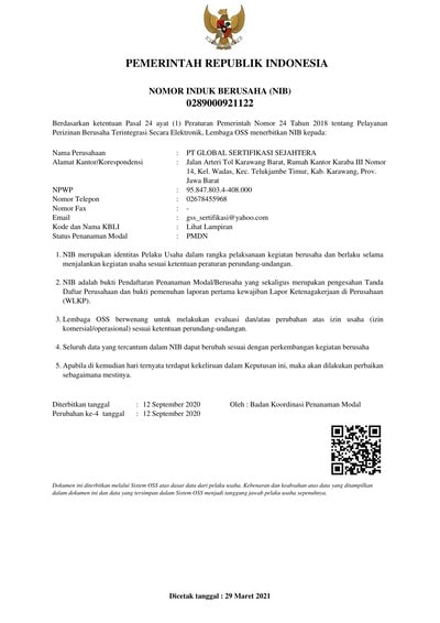 Dokumen Perizinan PT Global Sertifikasi Sejahtera - NIB