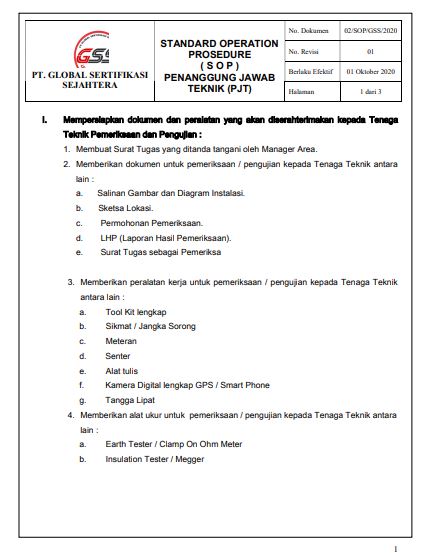 Standar Operasi Prosedur - PT Global Sertifikasi Sejahtera - SOP PENANGGUNG JAWAB TEKNIK (PJT)