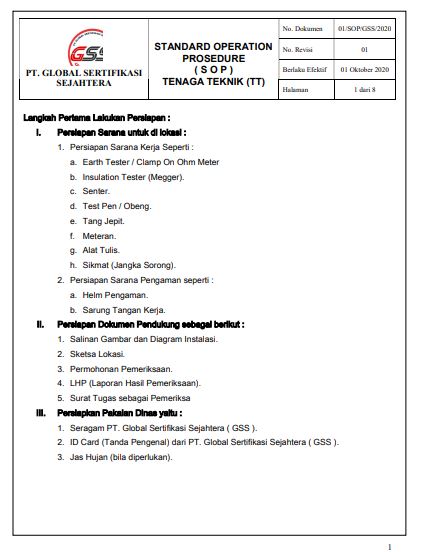 Standar Operasi Prosedur - PT Global Sertifikasi Sejahtera - SOP TENAGA TEKNIK (TT)